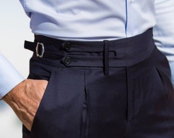 Hombres hechos a medida Algodón azul Estilo británico Pantalón Gurkha vintage Cierre de hebilla con puño inferior Traje de cóctel de pantalón Gorkha formal de negocios