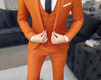 Men Orange Suits For Men, Suits 3 Piece Slim fit Suits, One Button Suits, Dinner Suit, Wedding Groom - Groomsmen Suits All Color Available