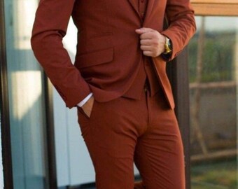 Men Three Piece Rust Colored Suit, Custom Made Wedding Suits, Bespoke Wedding Terracotta Suit, Burnt Orange Bespoke Wedding Suits For Men