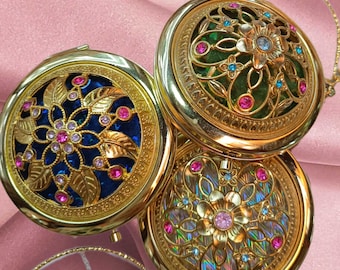 Miss Bold Bloom Pocket Mirror,Yellow Gold Compact Hand Mirror,Folding Make-Up Miroir,Double Side Handheld Purse Mirror,Vintage Poche Miroir.