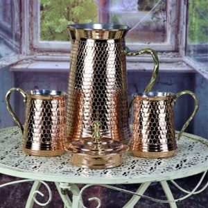 Copper Pitcher Jug with 2 Mugs,Honeycomb Patterned Pitcher and Cups Set,Handmade Water,Iced Drinks,Lemonade Pitcher,Ayurvedic Drinking Set
