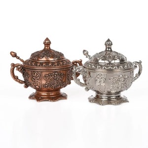 Authentic Mini Sugar Bowl w/Lid and Spoon,Traditional Handmade Compact Sugar Jar,Turkish Sugar Container,Vintage Kitchen Countertop Decor.