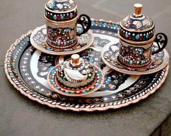 Conjunto de café turco de cobre para duas pessoas: caixa de presente Espresso Kahve, xícaras de café e bandeja estilo otomano, conjunto de presente do Oriente Médio.