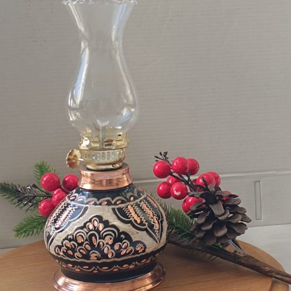 Authentic Totally Handmade Brass Copper Oil Kerosene Lamp,Vintage Miniature Oil Lamp,Compact Antic Copper Oil Burner for Homes and Offices.