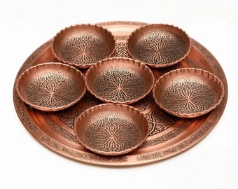 Copper Snack Set of 3 or 6 with Round Serving Tray,Compact Appetizer|Cookie|Dessert Presantation Dishes,Lovely Turkish Gift for Mothers Day.