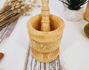 Embroidered Cylinder Wooden Mortar and Pestle Set,Wood Garlic Smash Tool,Thai Mortar and Pestle,Authentic Coffee and Spice Witchcraft Tool.