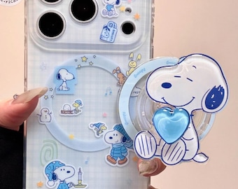 Snoopy Clear MAGSAFE Phone Case with Charm & Grip, Kawaii Y2K Winter Aesthetic Cute Cover for iPhone 17 16 15 14 13 Pro Max, Gift for Her
