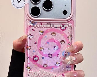 Rosa Perle Treibsand Fall w / Bogen Charme, niedliche Kitty Liquid Cover iPhone 17 16 15 14 13 Pro Max, Kawaii Kokette bewegliche Glitzerästhetik