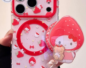 Niedliche Erdbeere Kitty MagSafe Hülle mit Griff Charm, Red Bow Clear Cover iPhone 17 16 15 14 13 Pro Max, Kawaii Kokette Ästhetik Sommer Geschenk