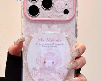 Pink My Melody Coquette Hülle & Perlen Anhänger, Kawaii Bow Cover iPhone 17 16 15 14 13 Pro Max, Vintage Anime Ästhetisches Geschenk
