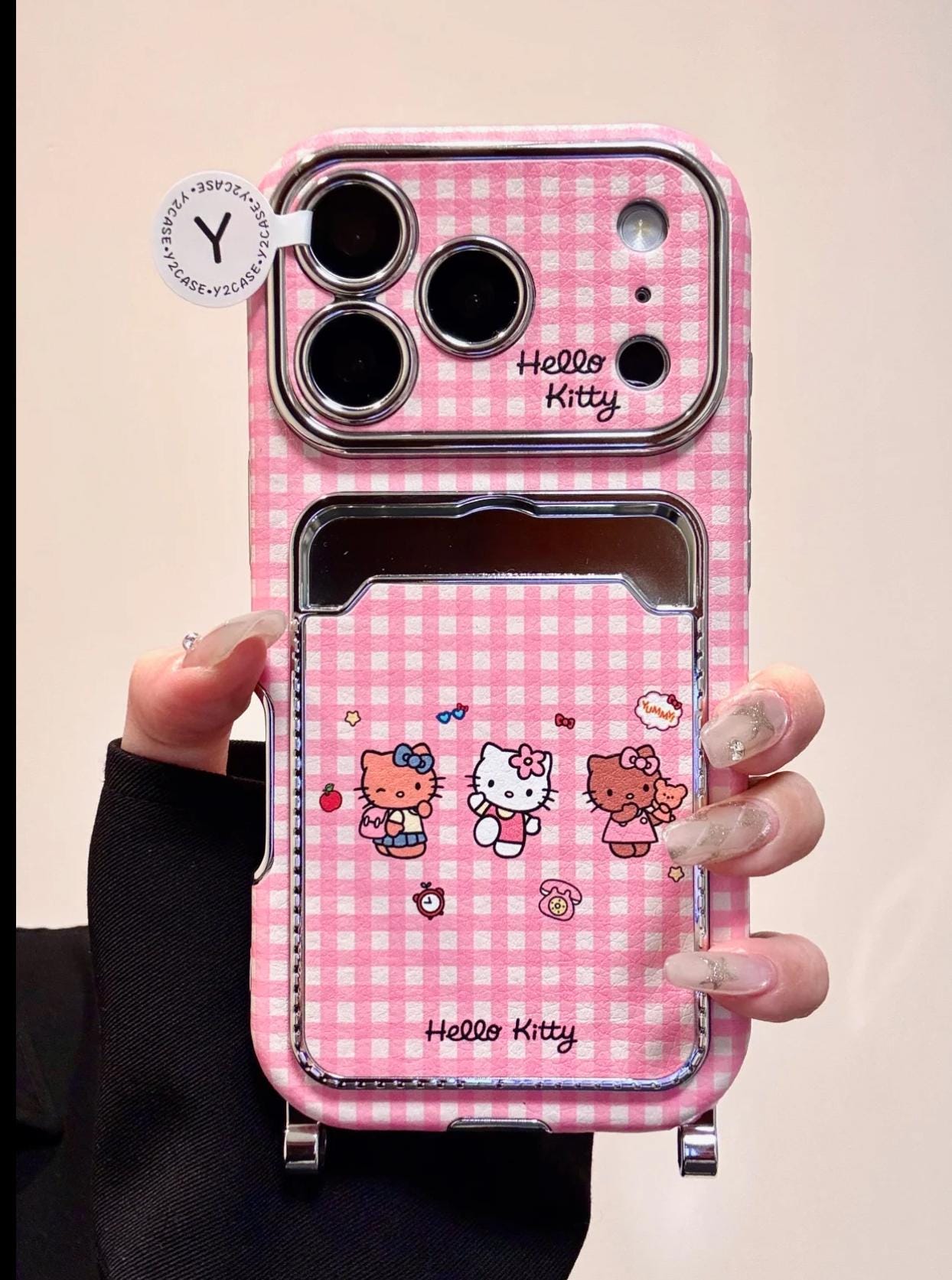 Cute Hello Kitty Pink Gingham Wallet Case, Strap & Pom Charm, Card Holder  Cover iPhone 17 16 15 14 13 Pro Max, Kawaii Sanrio Bell Gift