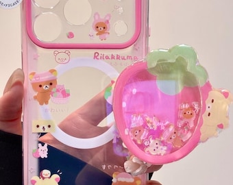 Süße Rilakkuma MAGSafe Hülle mit Erdbeere Shaker Griff & Charm, Kawaii Pink Clear Cover iPhone 17 16 15 14 13 Pro Max, Y2K Coquette Geschenk