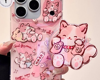 Cute Pink Lucky Cat Case & 3D Grip, Maneki Neko Cover iPhone 17 16 15 14 13 Pro Max, Kawaii Anime Japanese Coquette Gift For Her