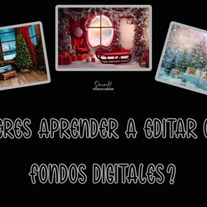 Puede incluir: Tres fondos digitales con temática de invierno. El primer fondo muestra una escena de ventana nevada con un árbol de Navidad y maletas. El segundo fondo muestra una habitación roja con un árbol de Navidad, un sillón rojo y un trineo. El tercer fondo muestra un bosque nevado con árboles de Navidad y regalos.