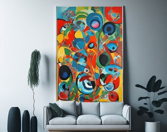 Metamorphic Illusions Abstract Retro Revival Symphony Wall Art Mid Century Modern Art Print, Neutral Modern Wall Art, Art Prints, red, Blue