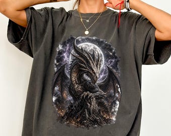 Dark Dragon Comfort Colors Shirt, Gothic Fantasy Graphic Tee, Moon Dragon T-Shirt, Vintage Unisex Dark Aesthetic Fantasy Tee
