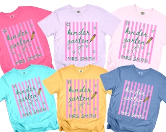 Custom Kindergarten Teacher Shirt, Comfort Colors Stripe Kindergarten Team Shirt, Personalized Elementary Teacher Team Back to School Shirt