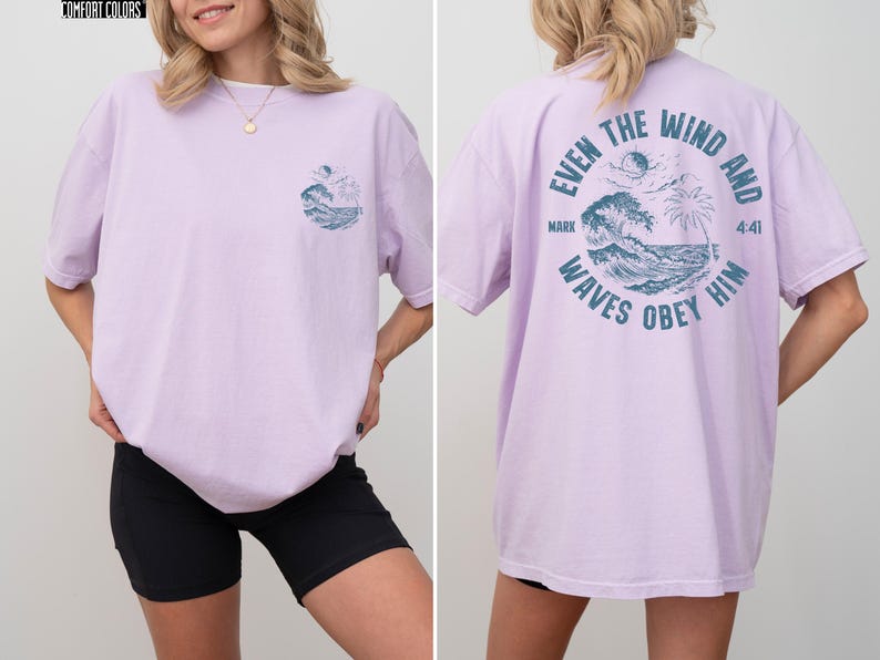 Experience the serene power of faith with our Comfort Colors shirt, inspired by the scripture from Mark 4:41. This waves obey him shirt beautifully captures a moment of divine calm, perfect for those who cherish ocean inspired style and seek a meaningful church service shirt. Crafted for comfort and spiritual connection, it’s an ideal choice for beach Christian gatherings or everyday wear.