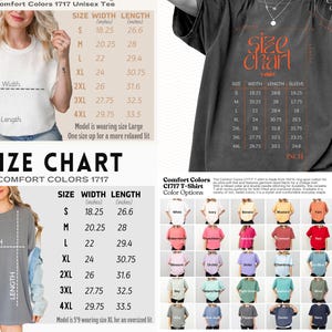 The image is a collage of four different images, including a woman wearing a white shirt, a black t-shirt with a size chart, a woman wearing a gray dress, and a woman wearing a gray dress with a size chart.