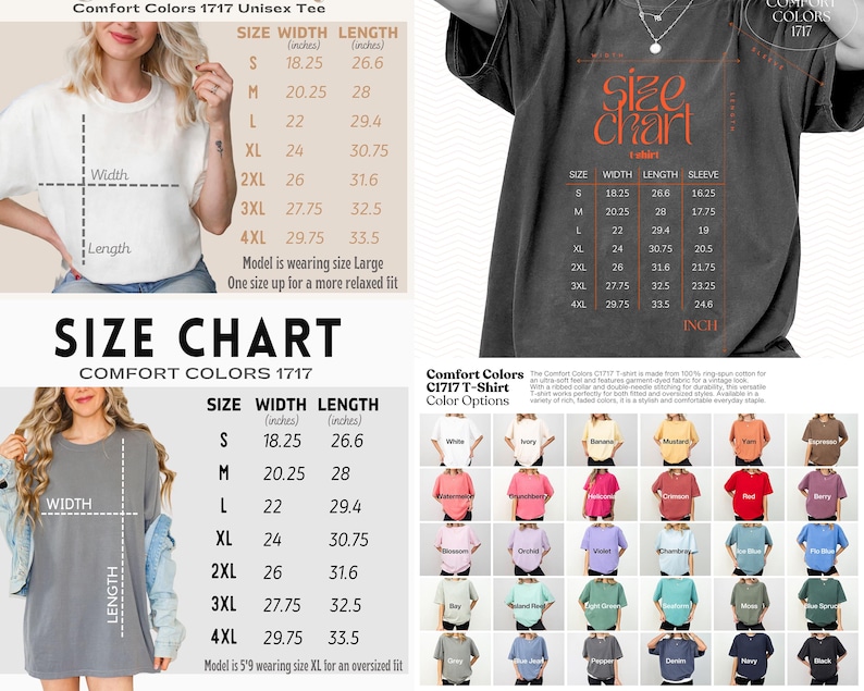 The image is a collage of four different images, including a woman wearing a white shirt, a black t-shirt with a size chart, a woman wearing a gray dress, and a woman wearing a gray dress with a size chart.