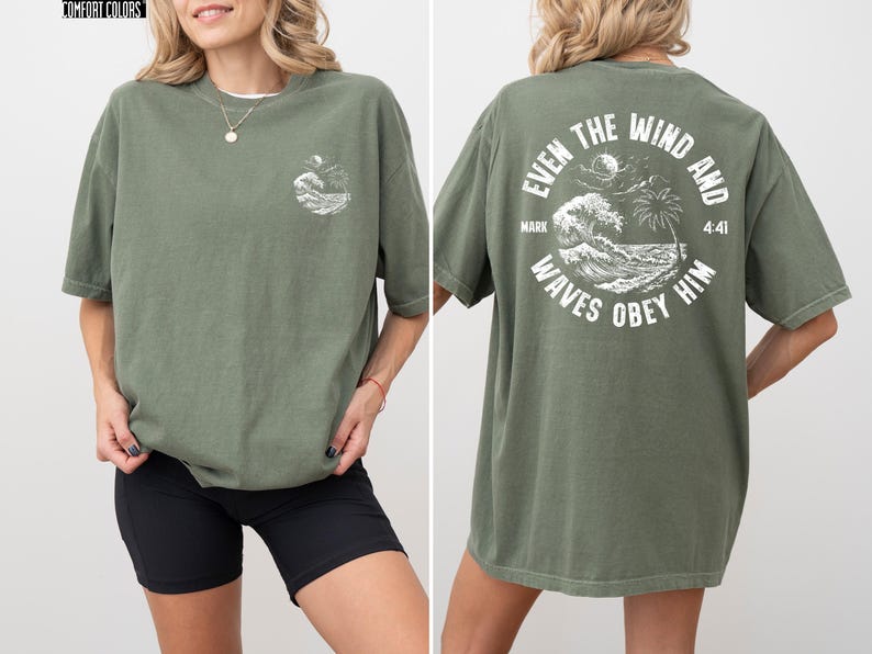Experience the serene power of faith with our Comfort Colors shirt, inspired by the scripture from Mark 4:41. This waves obey him shirt beautifully captures a moment of divine calm, perfect for those who cherish ocean inspired style and seek a meaningful church service shirt. Crafted for comfort and spiritual connection, it’s an ideal choice for beach Christian gatherings or everyday wear.