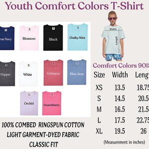 The image is a collage of various colored t-shirts, each with a different size and style, along with a young boy wearing a t-shirt. The collage includes a list of comfort colors and sizes for the t-shirts, as well as a measurement chart for the t-shirt sizes.