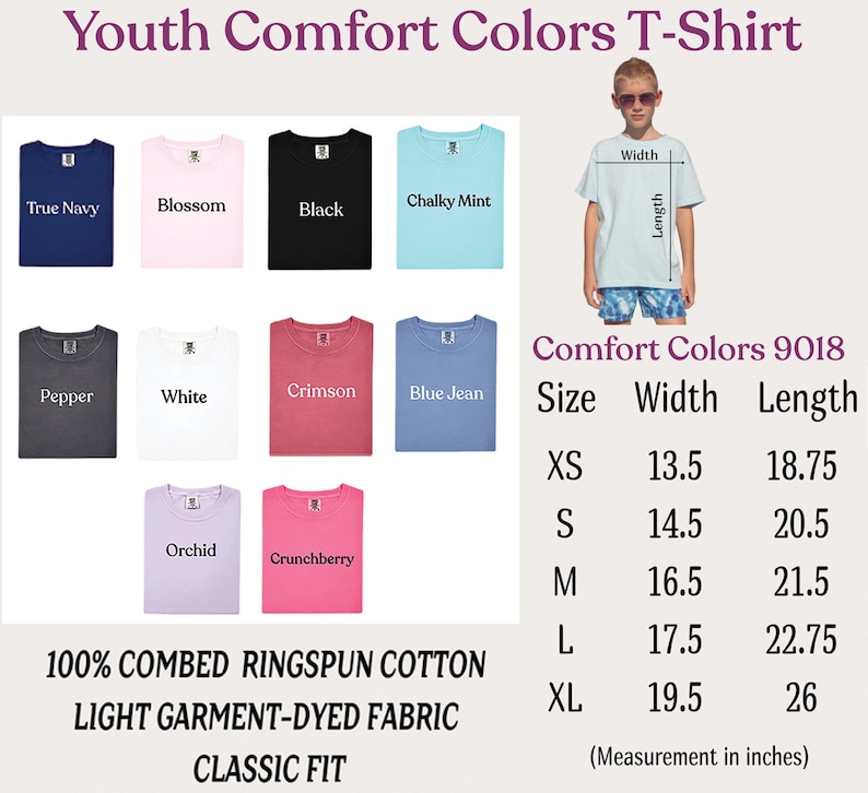 The image is a collage of various colored t-shirts, each with a different size and style, along with a young boy wearing a t-shirt. The collage includes a list of comfort colors and sizes for the t-shirts, as well as a measurement chart for the t-shirt sizes.