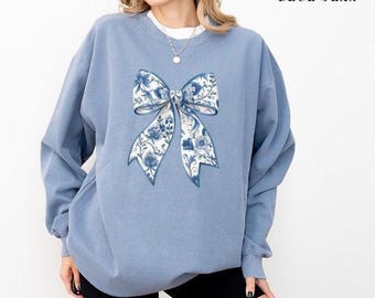 Toile De Jouy Coquette Bow Sweatshirt, Comfort Colors Blue Ribbon Women Gift Sweat