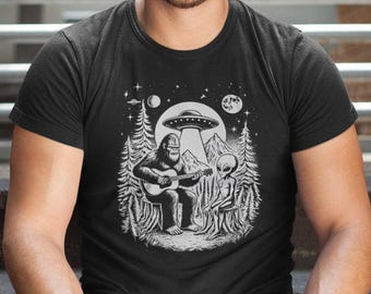 Bigfoot Play Guitar with Alien and UFO shirt, Bigfoot and alien shirt gift for outdoor lover, Woodland tshirt, Camping Tshirt, Sasquatch Tee