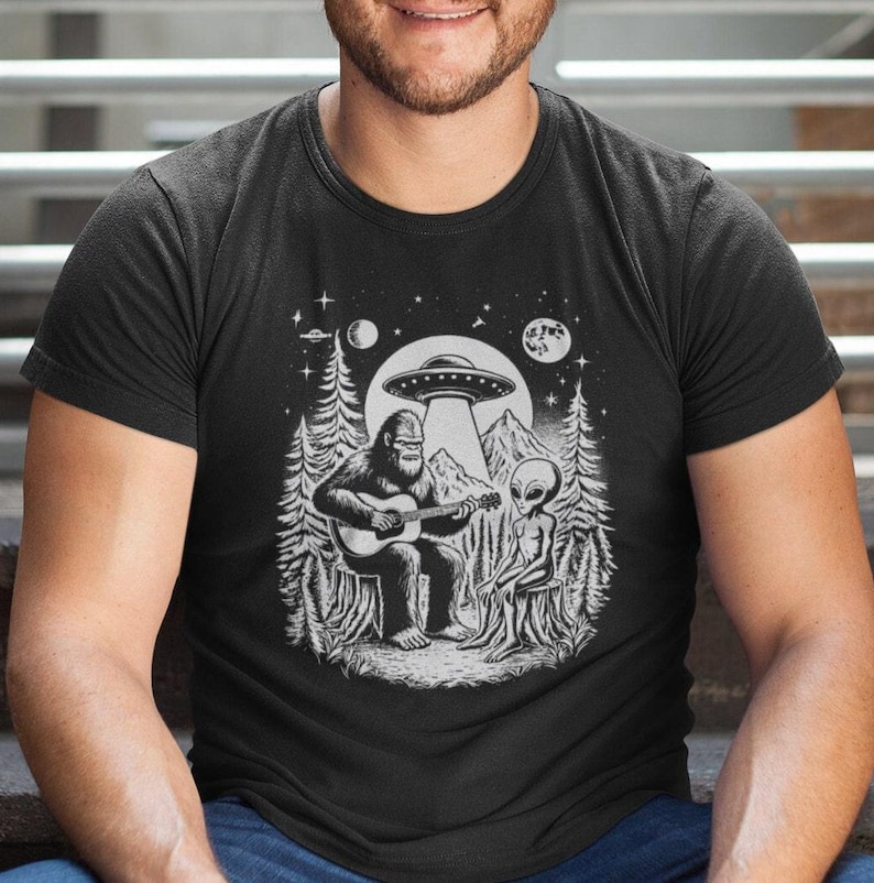 Bigfoot Play Guitar with Alien and UFO shirt, Bigfoot and alien shirt gift for outdoor lover, Woodland tshirt, Camping Tshirt, Sasquatch Tee