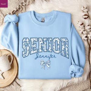 Custom Senior Chinoiserie Sweatshirt, Blue Toile De Jouy Coquette Sweat, Floral Bow 2026 Graduation Gift Sweater