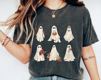 Comfort Colors Shirt Floral Ghost Shirt, Womens Halloween Floral Ghost Shirt, Spooky Season Fall Pumpkin Autumn Ghost Girly Vintage Tshirt