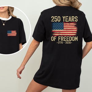 The image is a collage of three photos featuring a woman wearing a black t-shirt with a graphic design and text on the back.