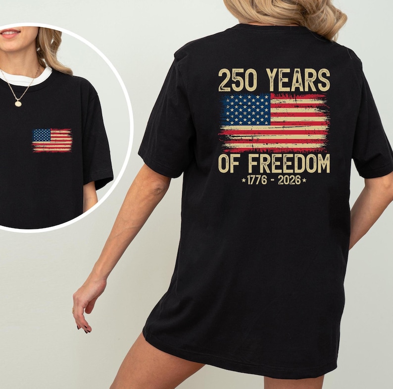 The image is a collage of three photos featuring a woman wearing a black t-shirt with a graphic design and text on the back.
