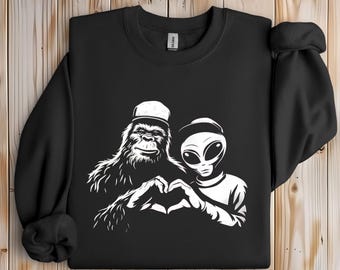 Bigfoot and Alien Sweatshirt, Sasquatch Yeti Heart Hands Alien Sweatshirt, Sci-Fi Alien Lover Believe Big foot Sweatshirt, Boho Gift Hoodie