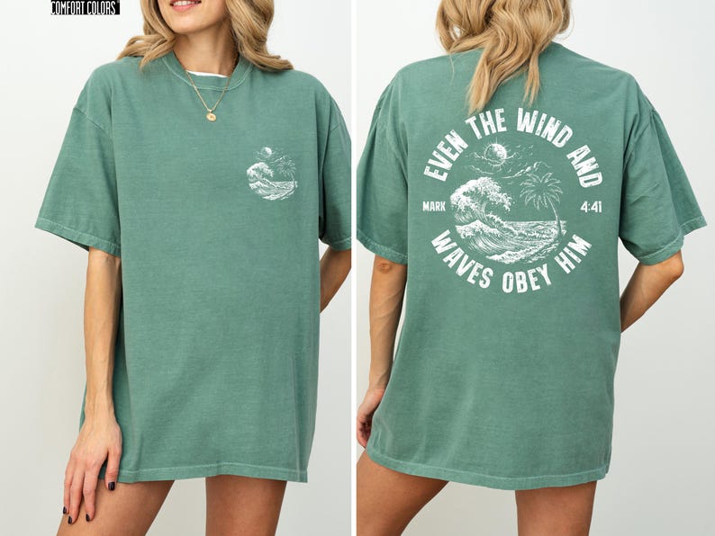 Experience the serene power of faith with our Comfort Colors shirt, inspired by the scripture from Mark 4:41. This waves obey him shirt beautifully captures a moment of divine calm, perfect for those who cherish ocean inspired style and seek a meaningful church service shirt. Crafted for comfort and spiritual connection, it’s an ideal choice for beach Christian gatherings or everyday wear.