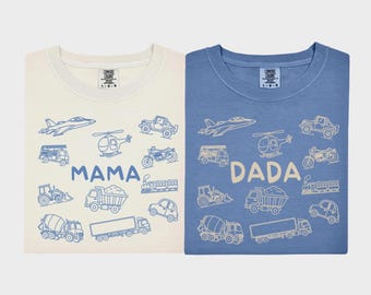 Camiseta de cumpleaños personalizada con temática de transporte, camiseta a juego para la familia Comfort Colors con temática de vehículos, camiseta para mamá y papá