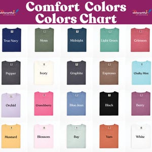 The image is a color chart displaying various colored t-shirts, each with a different color name.