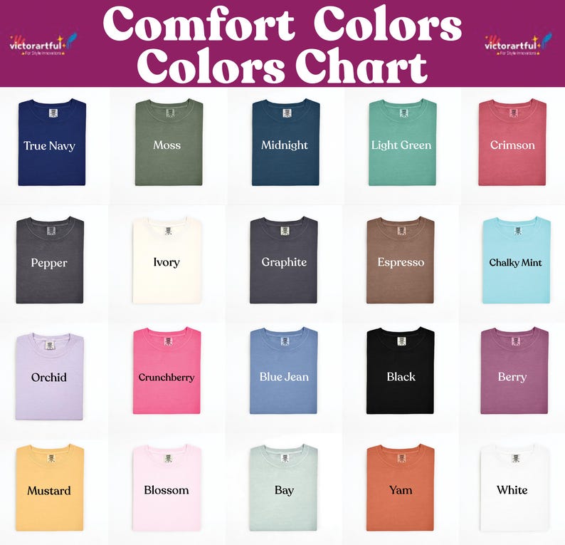 The image is a color chart displaying various colored t-shirts, each with a different color name.