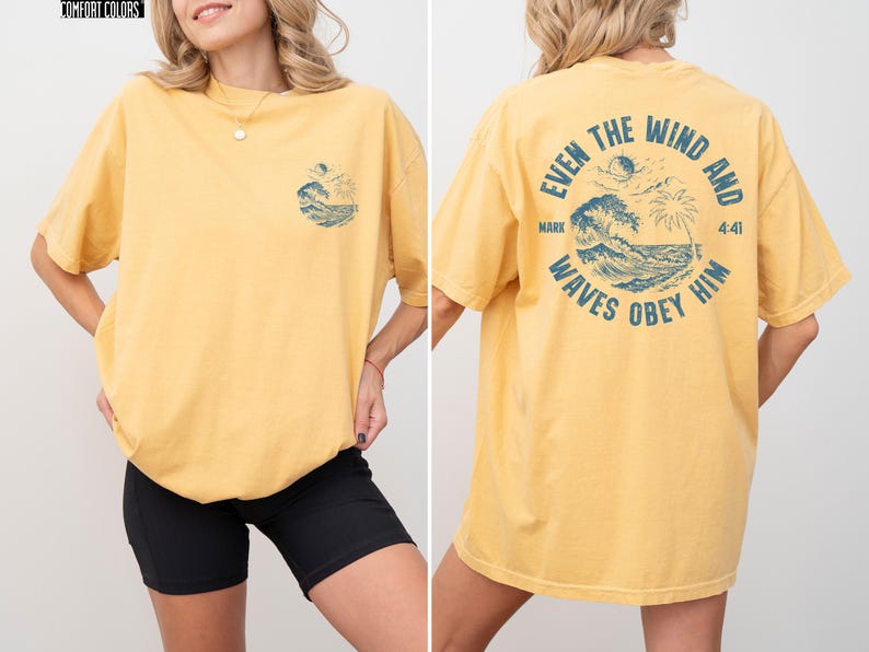 Experience the serene power of faith with our Comfort Colors shirt, inspired by the scripture from Mark 4:41. This waves obey him shirt beautifully captures a moment of divine calm, perfect for those who cherish ocean inspired style and seek a meaningful church service shirt. Crafted for comfort and spiritual connection, it’s an ideal choice for beach Christian gatherings or everyday wear.