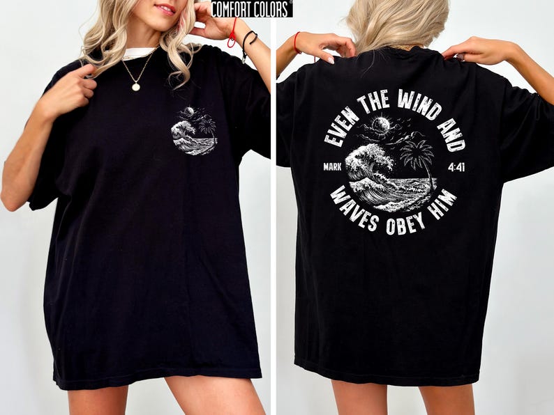 Experience the serene power of faith with our Comfort Colors shirt, inspired by the scripture from Mark 4:41. This waves obey him shirt beautifully captures a moment of divine calm, perfect for those who cherish ocean inspired style and seek a meaningful church service shirt. Crafted for comfort and spiritual connection, it’s an ideal choice for beach Christian gatherings or everyday wear.