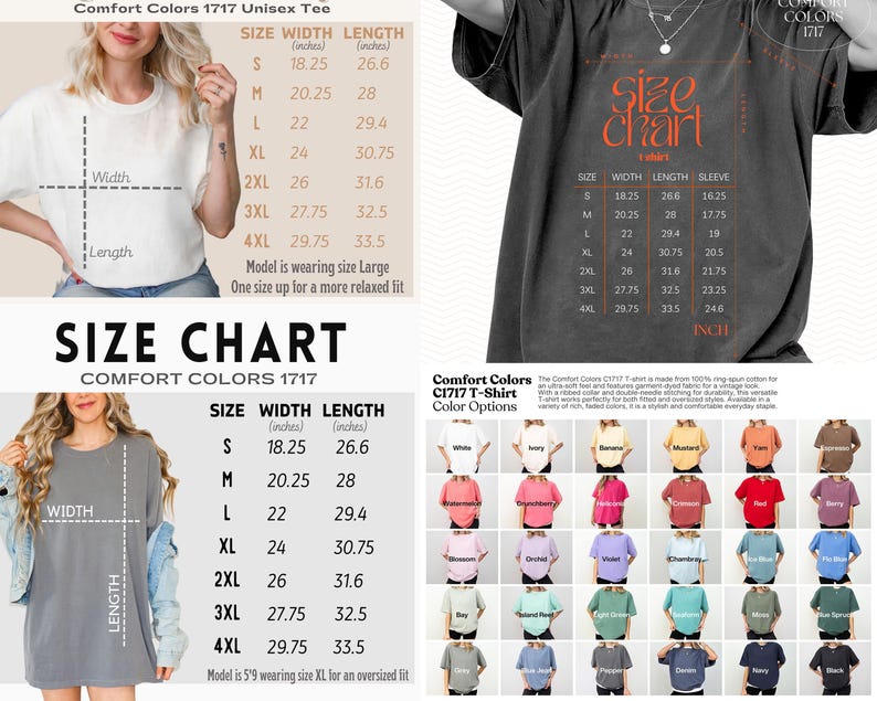 The image is a collage of four different images, including a woman wearing a white shirt, a black t-shirt with a size chart, a woman wearing a gray dress, and a woman wearing a gray dress with a size chart.