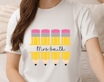 Custom Teacher Name Shirt, Personalized Pencil Teacher Tee, Retro Elementary Teacher Pencil TShirt,Back to School Gift for Teacher