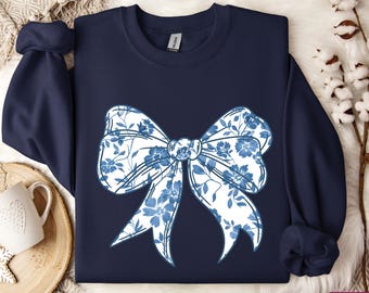 Toile De Jouy Coquette Bow Sweatshirt, Blue Ribbon Sweatshirt, Chinoiserie Girly Aesthetic Crewneck, Cute Coquette Blue Bow Women Hoodie