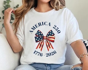 America 250 Coquette Bow Shirt, 1776 USA Flag Patriotic Tee, 250th Anniversary Semiquincentennial T-Shirt