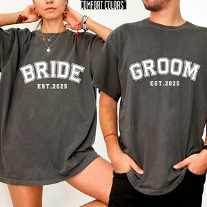 Custom Bride & Groom Comfort Colors T-shirt, Personalized Matching Couples Engagement Gift Shirt, Bride and Groom Honeymoon Est To Be Shirts