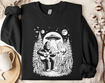 Retro Bigfoot Plays Guitar with Alien Sweatshirt, Funny Sasquatch Hoodie, Funny Camping Sasquatch Bigfoot Ufo Retro 90s Outdoor Sweatshirt