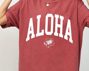 Comfort Colors Aloha Hibiscus Flower Tshirt, Women Oversized Boho Beach Tee, Hawaii Travel Trip Shirt, Beach Beach Summer Vacation Gift Tee