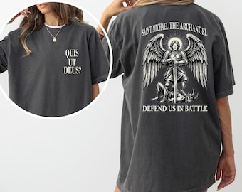 Saint Michael the Archangel Shirt, Comfort Colors Catholic Saintly Quote Defend Us in Battle T-Shirt, Religious Gift for Him or Her Tee