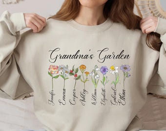 Grandma's Garden Sweatshirt, Grandma's Birthflower Sweatshirt, Custom Birth Month Flowers With Grandkid Name Sweatshirt Gift for Grandma